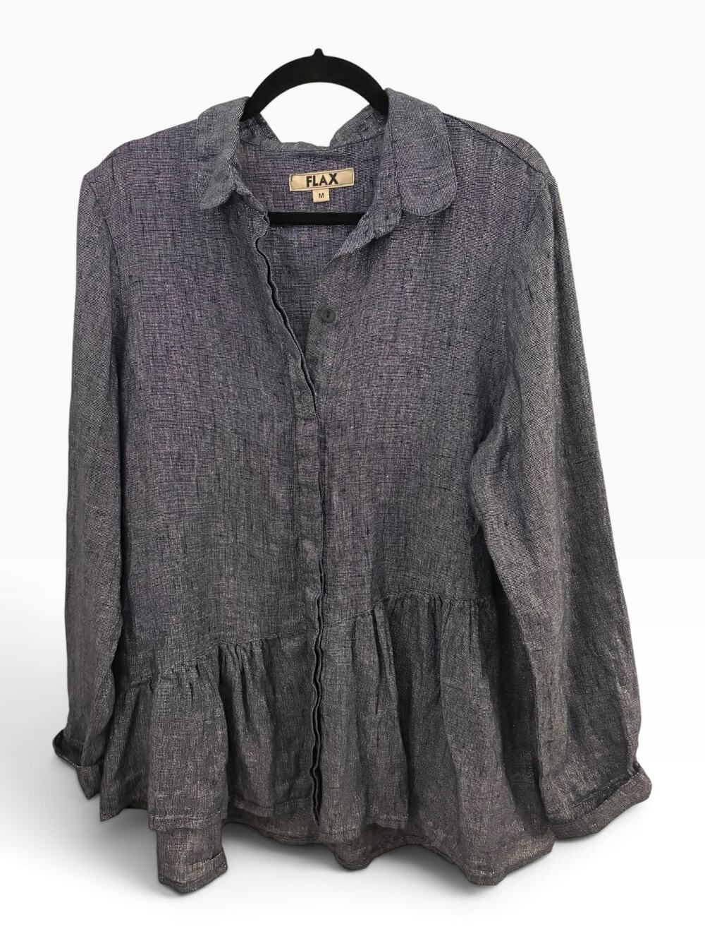 Flax Blue Button Up Top M Silver Metallic Boho Lagenlook Fairy Cottage Natural